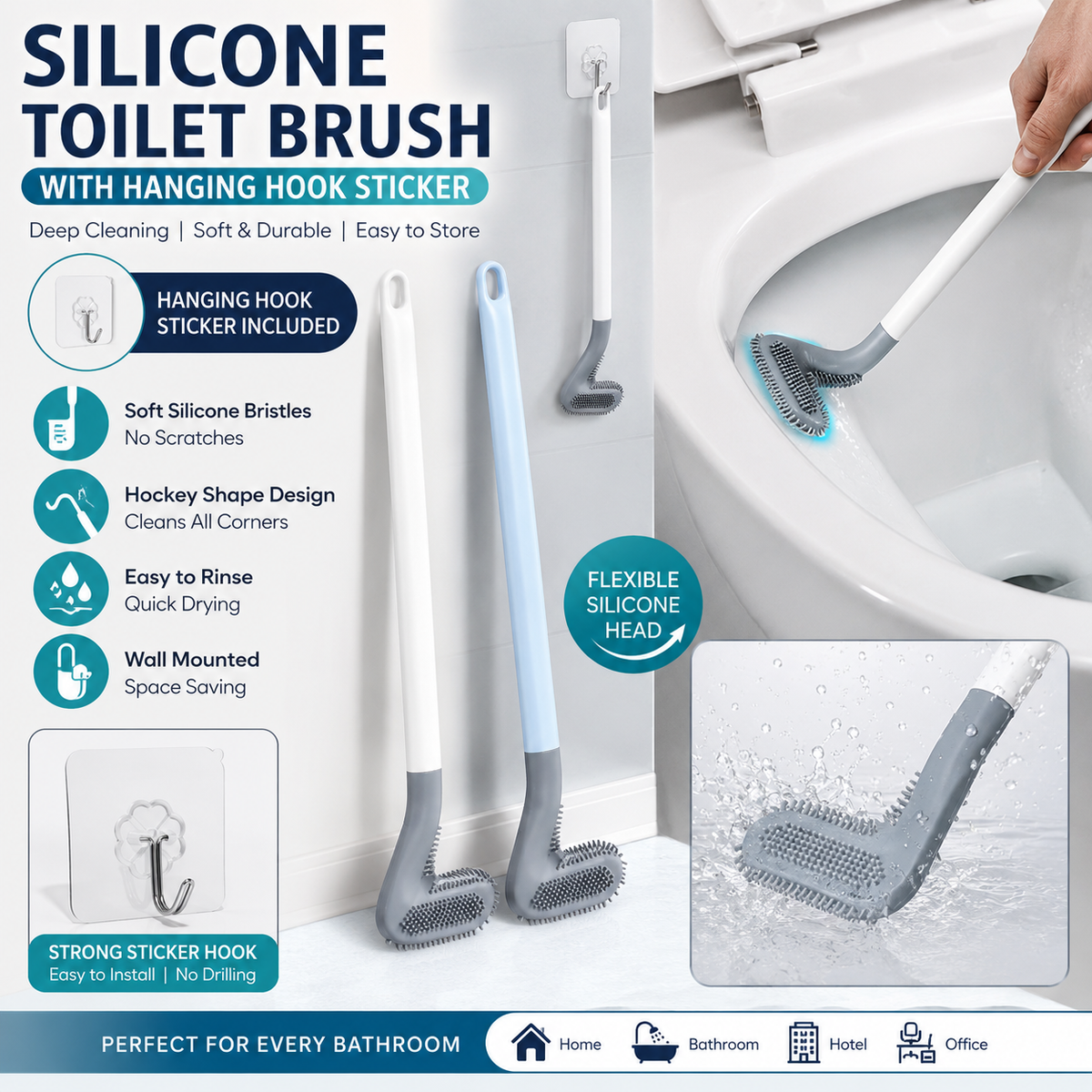 Silicone Toilet Brush with Flexible Head & Adhesive Wall-Mount Hook – Deep Cleaning Bathroom Scrubber
